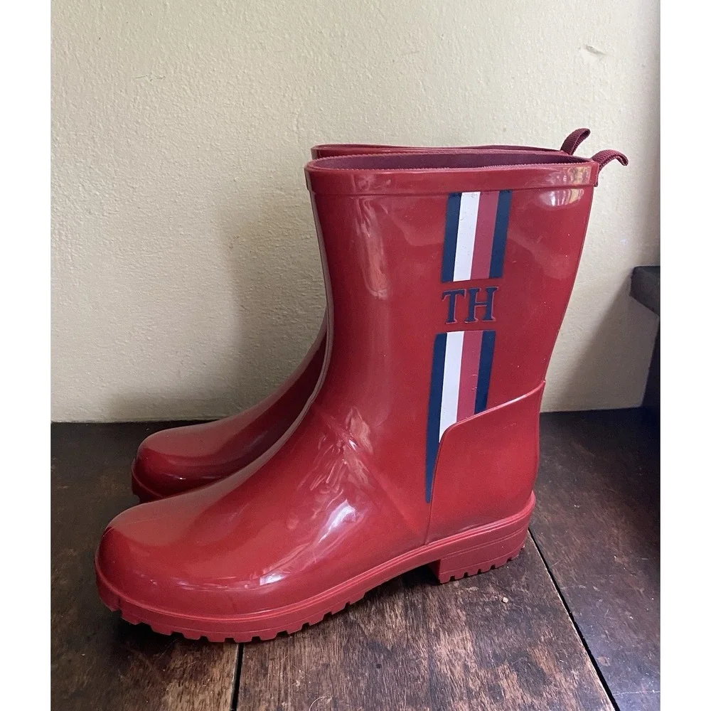 Tommy Hilfiger Women's Red Rain Boots High Gloss Size 8